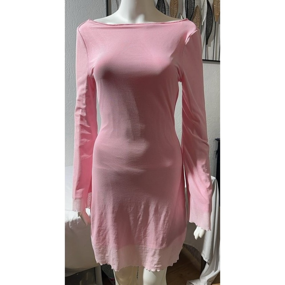 Sheer Pink Long Sleeve Mini Dress with Raw Hem